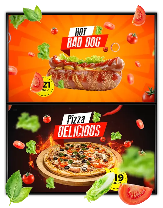 Digital Signage esempi di offerte panino e pizzeria