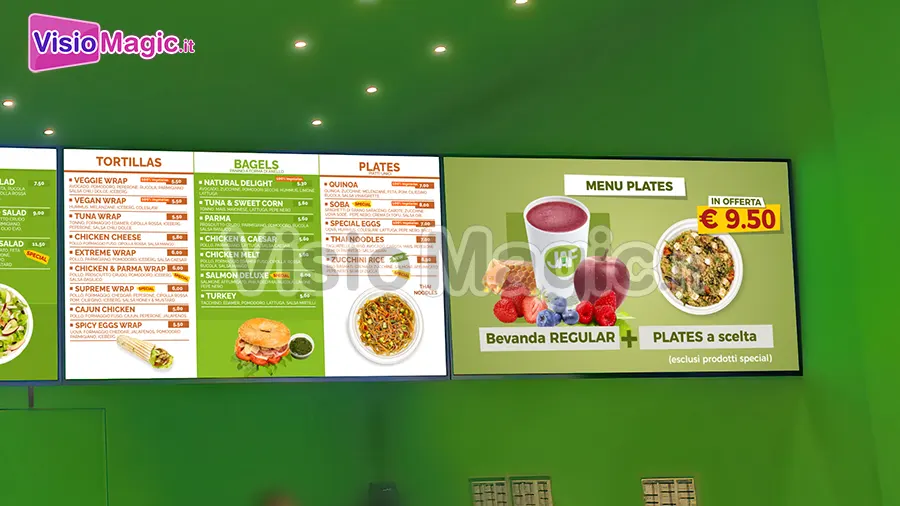 Display con promozioni video digital signage per un Juice Bar
