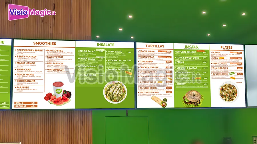 Display con menu video per digital signage in un Juice Bar